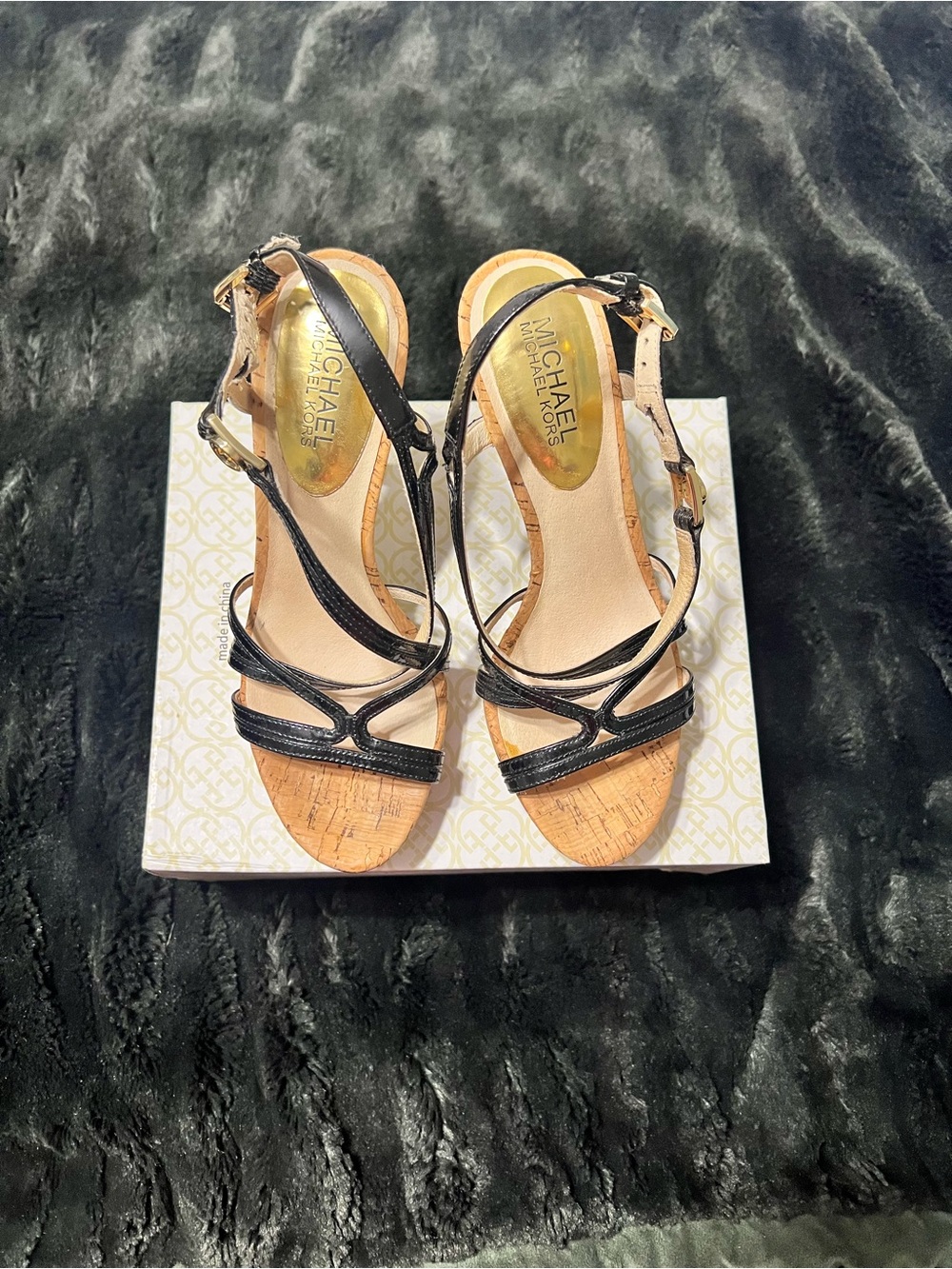 MICHAEL Michael Kors Black Strappy Cork Wedge Sandals